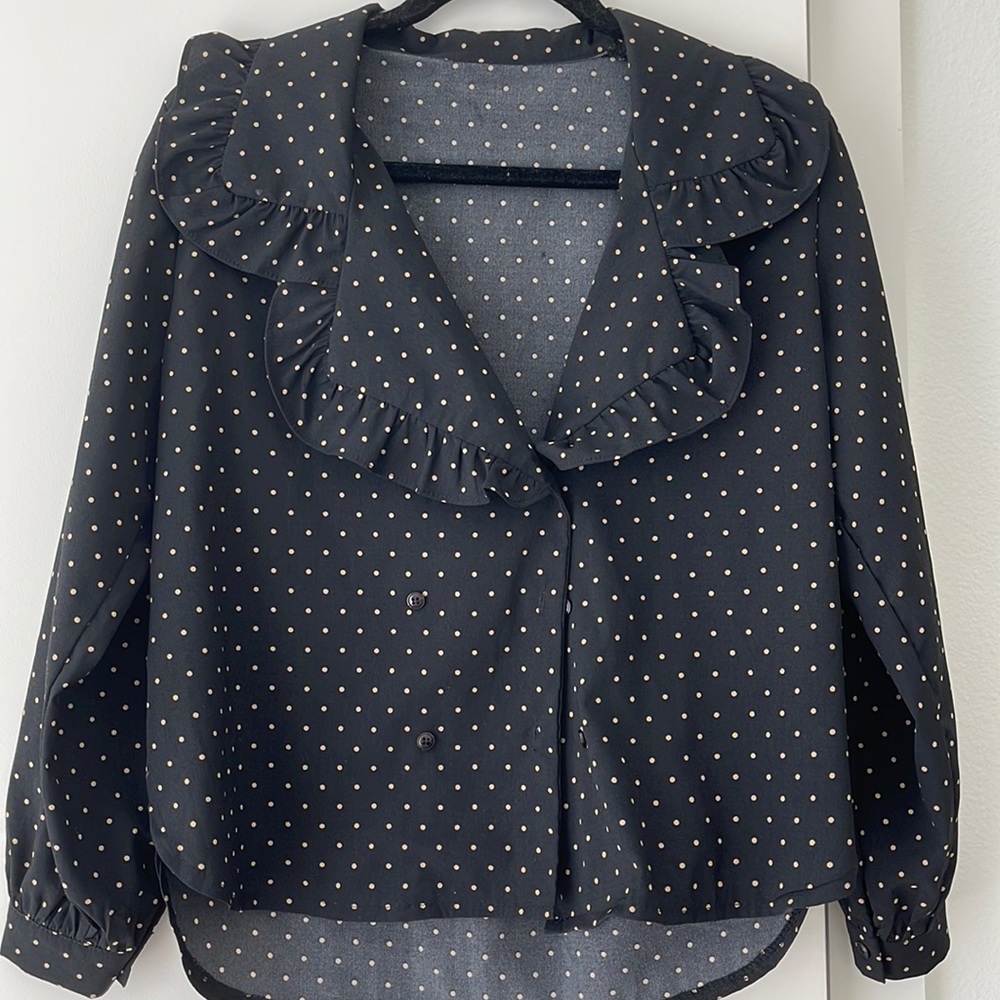 BLACK POLKA DOT RUFFLE BLOUSE TOP